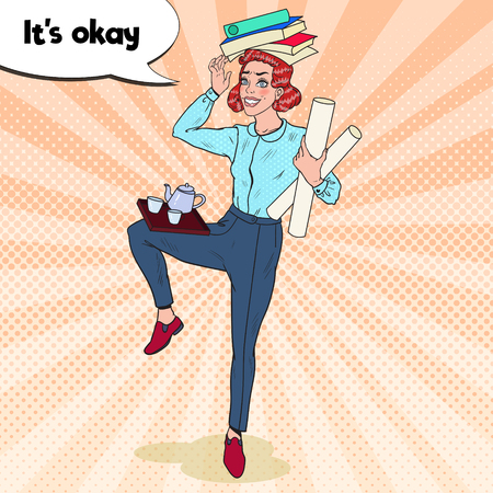 Pop Art Multitasking Business Woman at Work. Overload Office Worker. Vector illustrationのイラスト素材