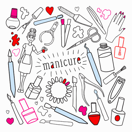 Woman Beauty Cosmetics Hand Drawn Setのイラスト素材