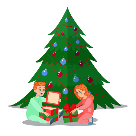 Happy Kids Opens Christmas Gifts. Winter Holidays. Vector illustrationのイラスト素材