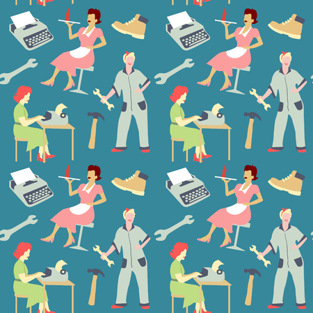 Vintage Women Seamless Pattern. Faceless Girls Different Professions Background. Vector illustrationのイラスト素材