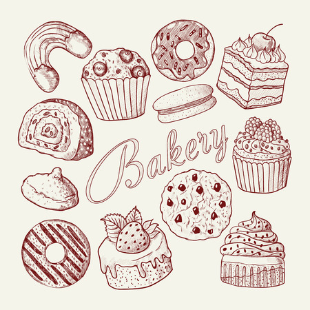 Hand Drawn Bakery Sweets Desserts Doodle. Sketch Set with Cupcake, Cookie, Donut and Muffin. Vector illustrationのイラスト素材