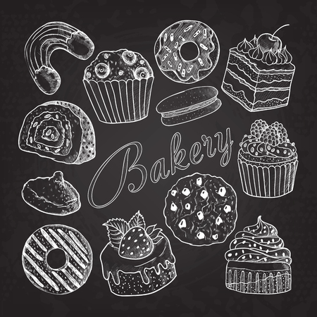 Hand Drawn Bakery Sweets Desserts Doodle on Chalkboard. Sketch Set with Cupcake, Cookie, Donut, Macaroon and Muffin. Vector illustrationのイラスト素材