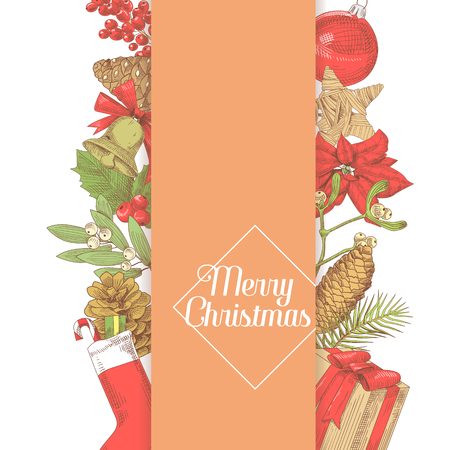 Holly Christmas Vintage Greeting Card. New Year Hand Drawn Decoration. Winter Holidays Sketch Background. Vector illustrationのイラスト素材