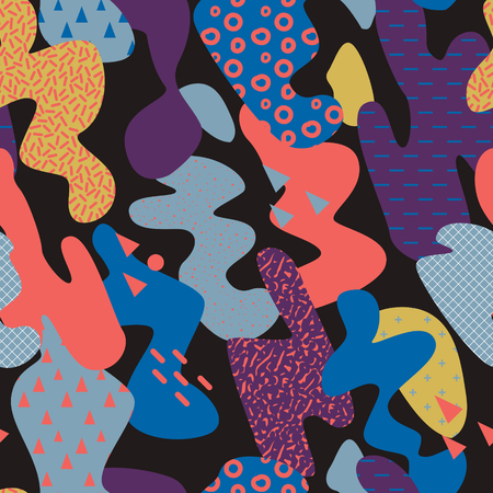 Abstract Memphis Style Seamless Pattern with Brush Strokes. Vintage 80-90s Fashion Trendy Composition for Wallpaper, Poster, Banners, Cover Design. Vector illustrationのイラスト素材