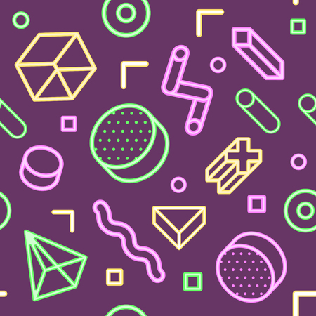 Abstract Memphis Style Neon Seamless Pattern with Geometric Shapes. Vintage 80-90s Fashion Bright Trendy Composition for Card, Poster, Banners, Cover Design. Vector illustrationのイラスト素材