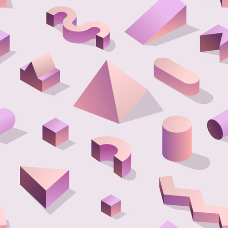 Trendy Abstract Memphis Seamless Pattern with 3d Geometric Shapes. Fashion Background for Textile, Print, Cover, Poster. Vector illustrationのイラスト素材