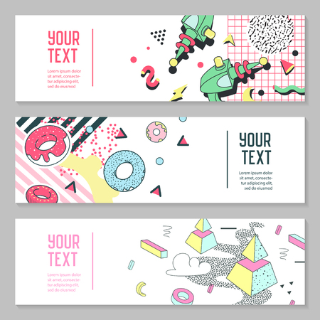 Abstract Memphis Style Horizontal Banners with Geometric Elements. Creative Hipster Modern Composition for Poster, Advertising Design. Vector illustrationのイラスト素材