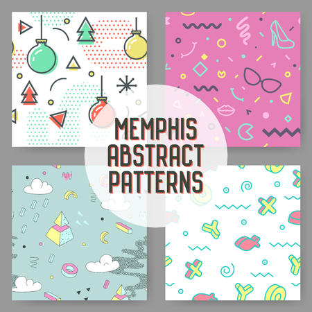 Fashion Hipster Abstract Memphis Seamless Pattern Set. Geometric Shapes Background. Trendy 80s 90s Composition. Vector illustrationのイラスト素材