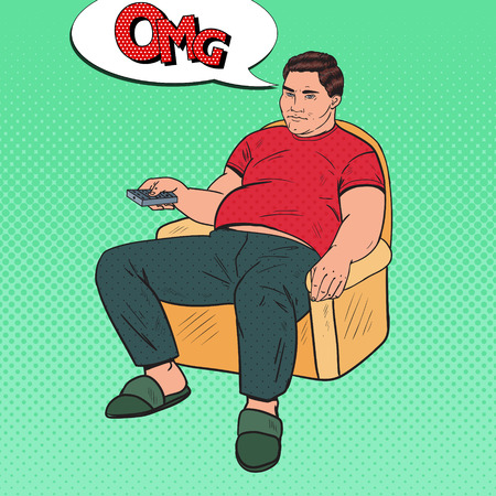 Pop Art Bored Fat Man Watching TV with Remote Controller. Unhealthy Food. Vector illustrationのイラスト素材