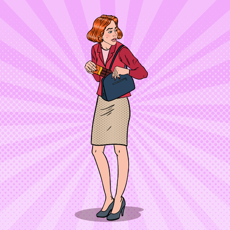 Pop Art Young Woman Stealing Food in Supermarket. Shoplifting Kleptomania Concept. Vector illustrationのイラスト素材