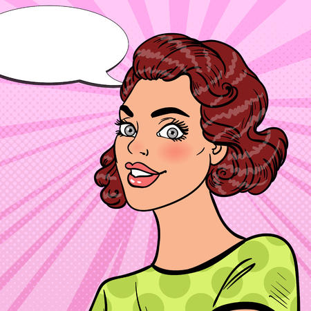 Pop Art Beautiful Young Girl Smiling with Comic Speech Bubble. Portrait of Pretty Woman. Vector illustrationのイラスト素材