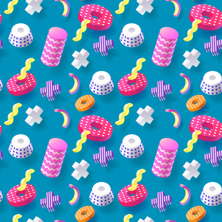 Trendy Abstract Memphis Seamless Pattern with Realistic 3d Elements. Geometric Shapes Hipster Background for Poster, Fabric, Covering. Vector illustration.のイラスト素材