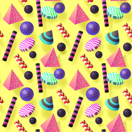 Trendy Abstract Memphis Seamless Pattern with Realistic 3d Elements. Geometric Shapes Hipster Background for Poster, Fabric, Covering. Vector illustration.のイラスト素材