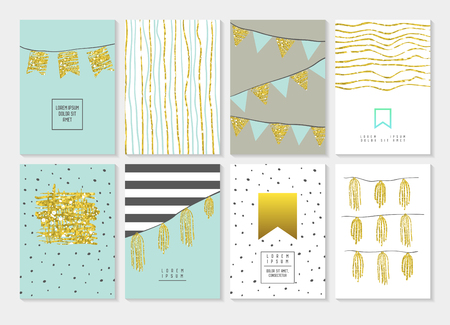 Birthday Invitation Cards Set. Golden Glitter Flyer, Banner, Poster Template. Abstract Gold Party Patterns. Vector illustrationのイラスト素材