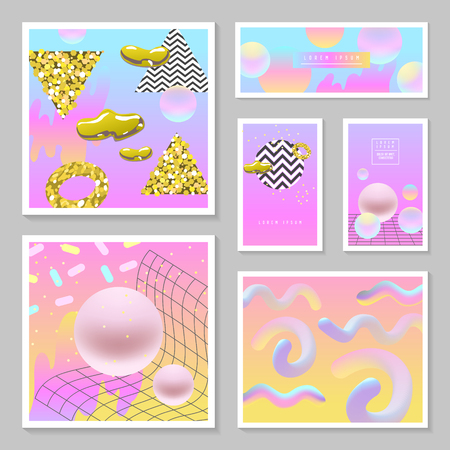 Liquid Abstract Templates Set. Fluid Colors with Golden Glitter Geometric Elements. Poster, Banner, Cards, Brochure, Cover, Flyer Backgrounds. Vector illustrationのイラスト素材