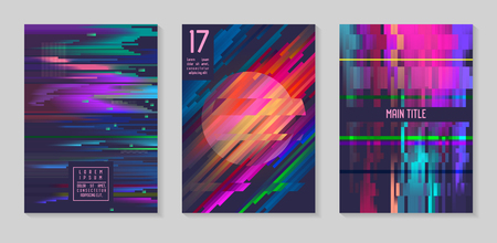 Glitch futuristic posters, covers set. Hipster design compositions for brochures, flyers, placards trendy template vector illustration.のイラスト素材