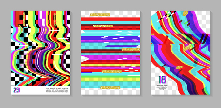 Glitch futuristic posters, covers set. Hipster design compositions for brochures, flyers, placards. Trendy template. Vector illustration.のイラスト素材