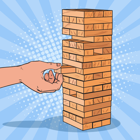 Pop Art Male Hand Pulls out Wooden Block in Table Game. Vector illustrationのイラスト素材