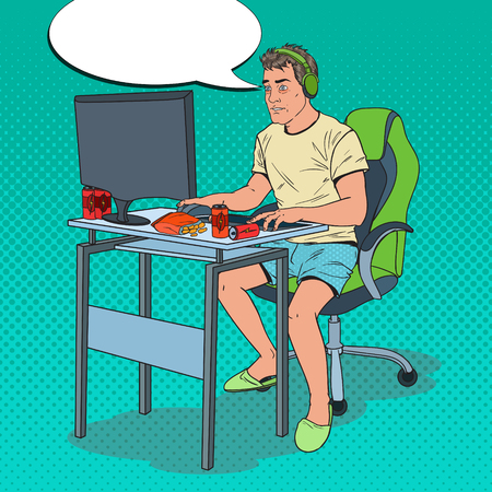 Pop Art Exhausted Man Playing Video Games. Computer Addicted Guy. Vector illustrationのイラスト素材