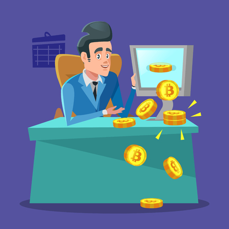 Successful Businessman Mining Bitcoin on Computer. Cryptocurrency Trading Concept Vector illustrationのイラスト素材