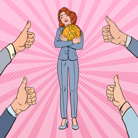 Pop art happy business woman holding big bitcoin coin. Crypto-currency network technology.のイラスト素材