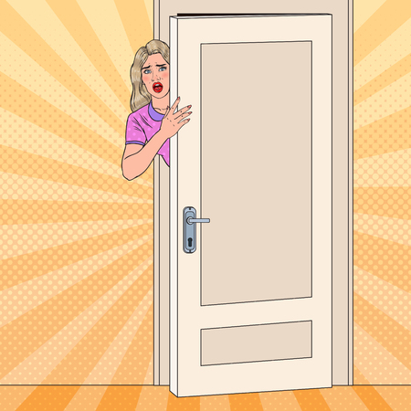 Pop Art Shocked Woman Peeking From Behind a Door. Surprised Girl. Vector illustrationのイラスト素材