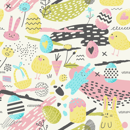 Happy Easter Seamless Pattern with Eggs, Bunny and Flowers. Spring Background for Fabric, Wrapping Paper and Greeting Cards. Vector illustrationのイラスト素材