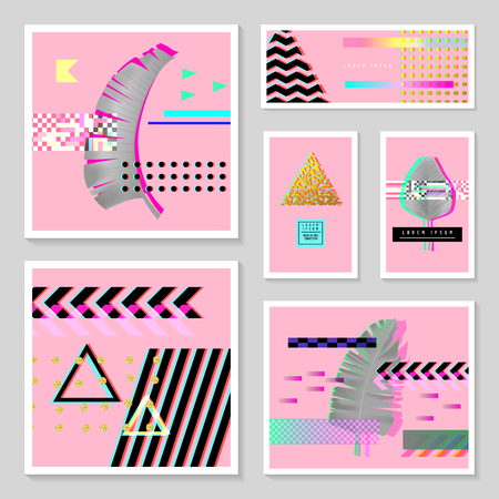 Glitch Futuristic Posters, Covers Set with Tropical Elements.のイラスト素材