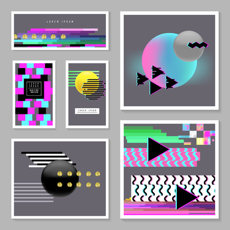Abstract Design Set in Glitch Style. Trendy Background Templates with Geometric Shapes for Posters, Covers, Banners, Placards. Vector illustrationのイラスト素材