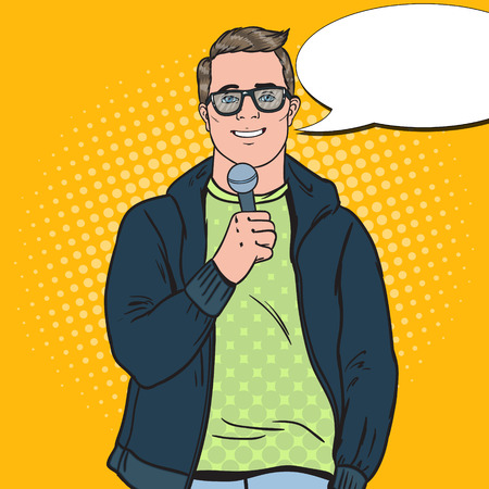 Pop Art Handsome Man with Microphone. Male TV Reporter. Vector illustrationのイラスト素材