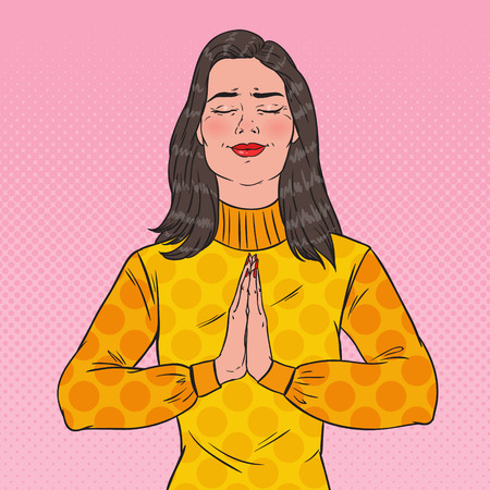 Pop Art Joyful Pretty Woman Praying. Happy Female Prayer. Vector illustrationのイラスト素材