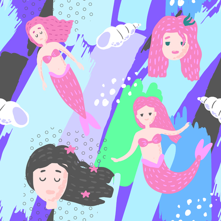 Mermaids Seamless Pattern in Childish Style. Kids Background with Cute Marine Girls and Abstract Elements for Fabric Textile, Wallpaper, Decoration. Vector illustrationのイラスト素材