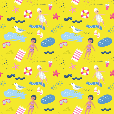 Kids Summer Beach Vacation Seamless Pattern. Vector illustrationのイラスト素材