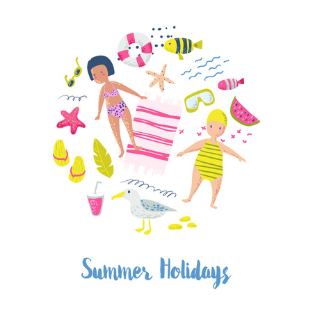 Kids Summer Beach Vacation Card. Vector illustrationのイラスト素材