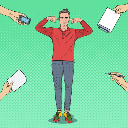 Pop Art Overworked Frustrated Man Closed Ears with Fingers. Multitasking Office Work. Ignorance Concept. Vector illustration.のイラスト素材
