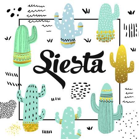 Cute Cactuses Hand Drawn Design. Childish Cactus Background for Poster, Greeting Card, Decoration, Cover. Vector illustrationのイラスト素材