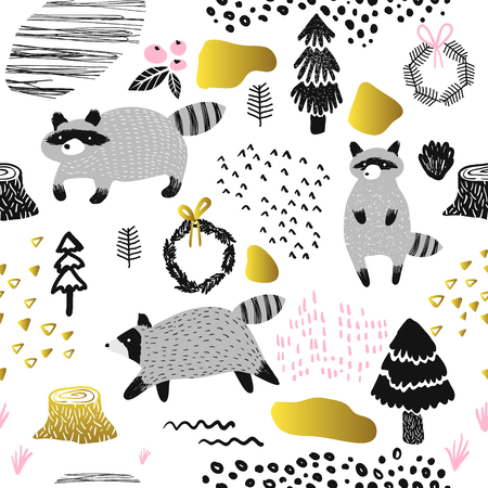Seamless Pattern with Cute Racoon. Childish Wildlife Animals Background for Fabric Textile, Wallpaper, Wrapping Paper, Decoration. Vector illustrationのイラスト素材