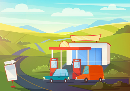 Summer Rural Landscape Scene with Gas Station, Hills and Sky. Oil, Petrol Fueling with Cartoon Cars. Vector illustrationのイラスト素材