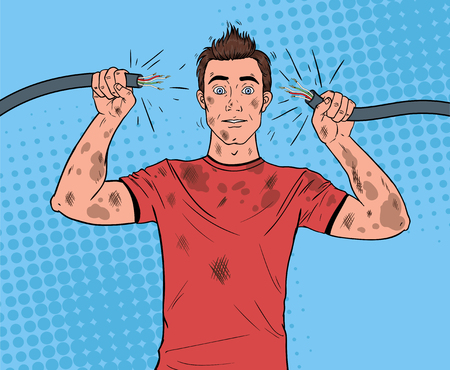 Pop Art Man Holding Broken Electrical Cable after Domestic Accident. Funny Dirty Electrician.のイラスト素材