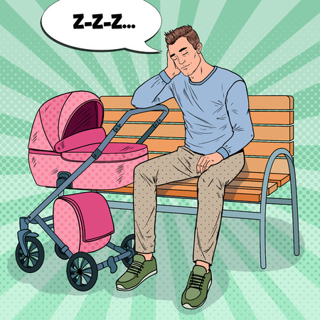 Pop Art Sleepless Young Father Sitting on the Park Bench with Baby Stroller. Parenting Concept. Exhausted Man with Newborn Child.のイラスト素材