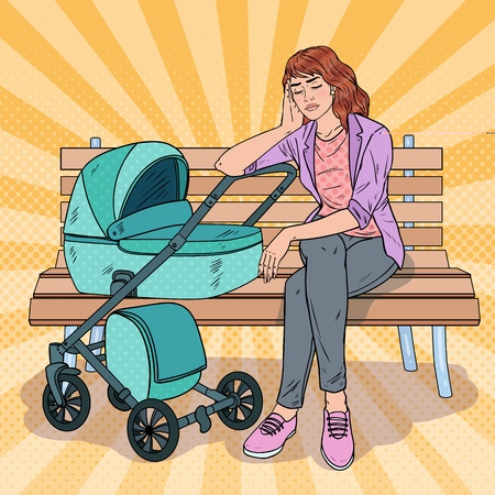 Pop Art Sleepless Young Mother Sitting on the Park Bench with Baby Stroller. Motherhood Concept. Tired Woman with Newborn Child.のイラスト素材