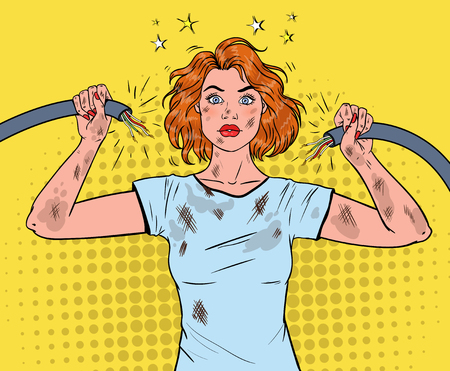 Pop Art Beautiful Woman Holding Broken Electrical Cable after Domestic Accident.のイラスト素材