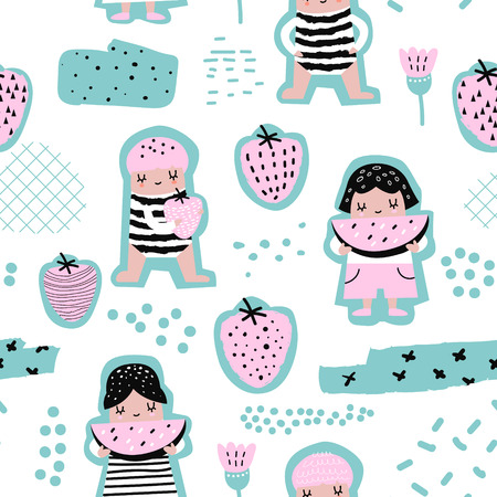 Childish Seamless Pattern with Cute Girls with Fruits. Creative Kids Background with Watermelons and Strawberries for Fabric, Textile, Wallpaper, Wrapping Paper. Vector illustrationのイラスト素材
