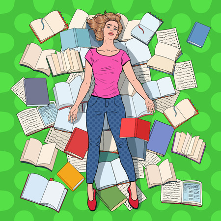 Pop Art Exhausted Student Lying on the Floor among Books. Overworked Young Woman Preparing for Exams. Education Concept. Vector illustrationのイラスト素材