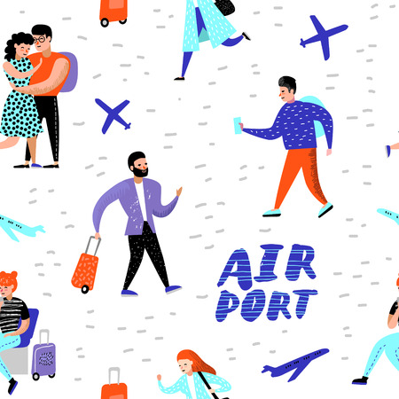 People Traveling by Plane Seamless Pattern. Cartoon Characters with Baggage in Airport Background for Wallpaper. Man and Woman with Luggage. Vector illustrationのイラスト素材