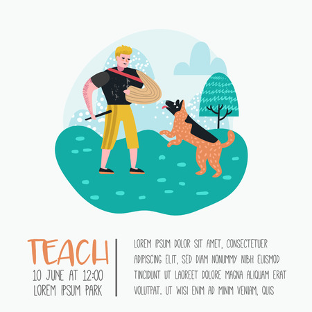Man Training Dog in the Park. Dog Poster, Banner. Character Walking Outside with Pet. Vector illustrationのイラスト素材