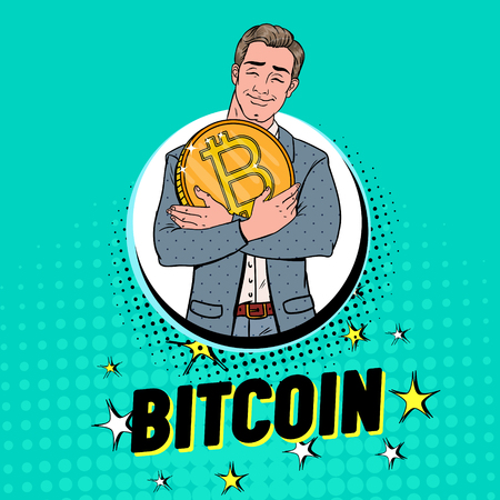 Pop Art Businessman with Big Golden Bitcoin Coin. Crypto Currency Concept. Virtual Money Advertising Poster. Vector illustrationのイラスト素材