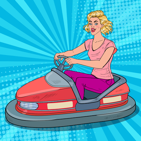 Pop Art Joyful Woman Riding Bumper Car at Fun Fair. Girl in Electric Car at Amusement Park. Vector illustrationのイラスト素材