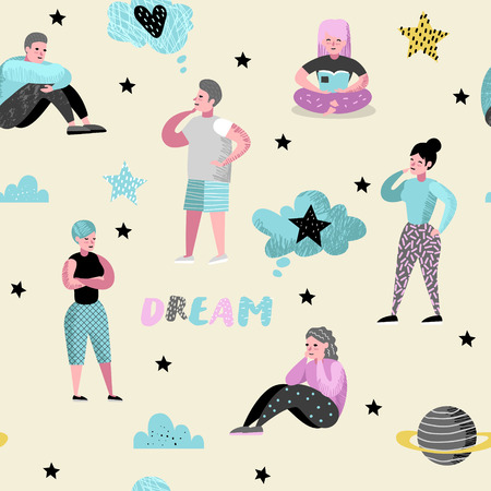 Happy People Dreaming about Something Seamless Pattern. Young Man Thinking. Woman Dream about Future. Joyful Cartoon Characters. Vector illustrationのイラスト素材