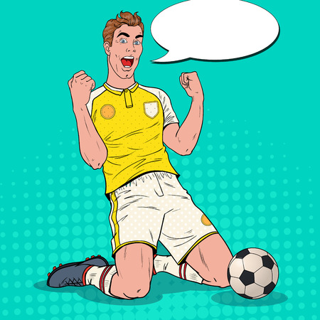 Pop Art Soccer Player Celebrating Goal. Happy Footballer, Sport Concept, World Cup. Vector illustrationのイラスト素材